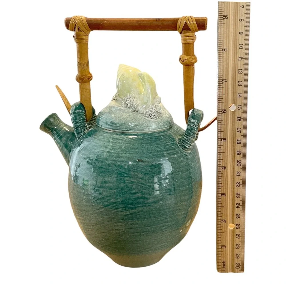 VTG Valencia Maui Raku Studio Pottery Teapot Shell Coral Lid Bamboo Handle Ocean